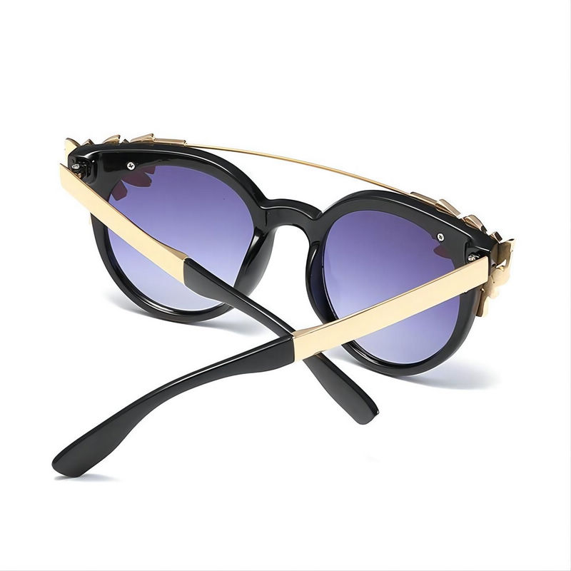Crystal Flower Embellished Round Gradient Sunglasses Gold-Tone Metal Brow