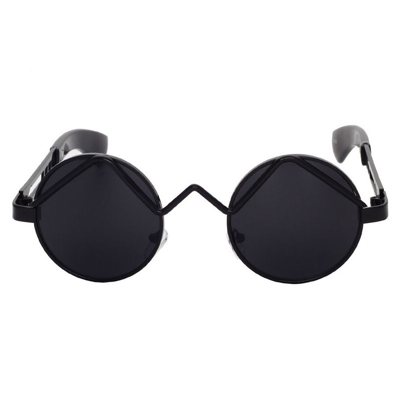 Curved-Bridge Steampunk Round Sunglasses Black Metal Frame