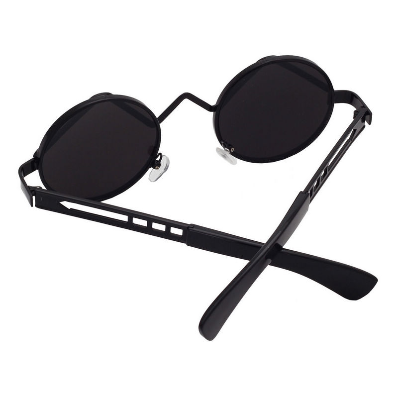 Curved-Bridge Steampunk Round Sunglasses Metal Frame Black/Grey