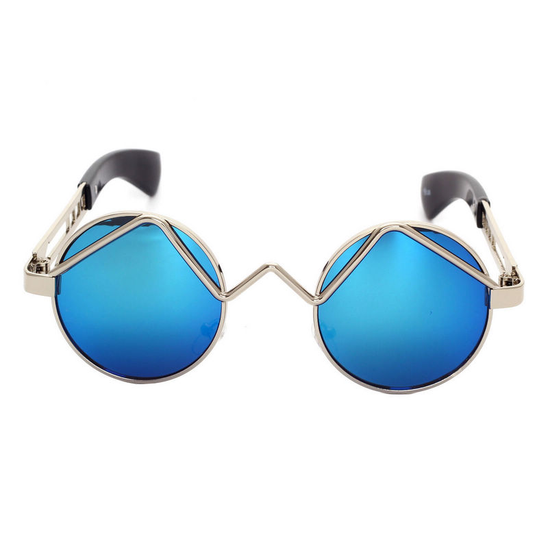 Curved-Bridge Steampunk Round Sunglasses Metal Frame Silver-Tone/Mirror Blue
