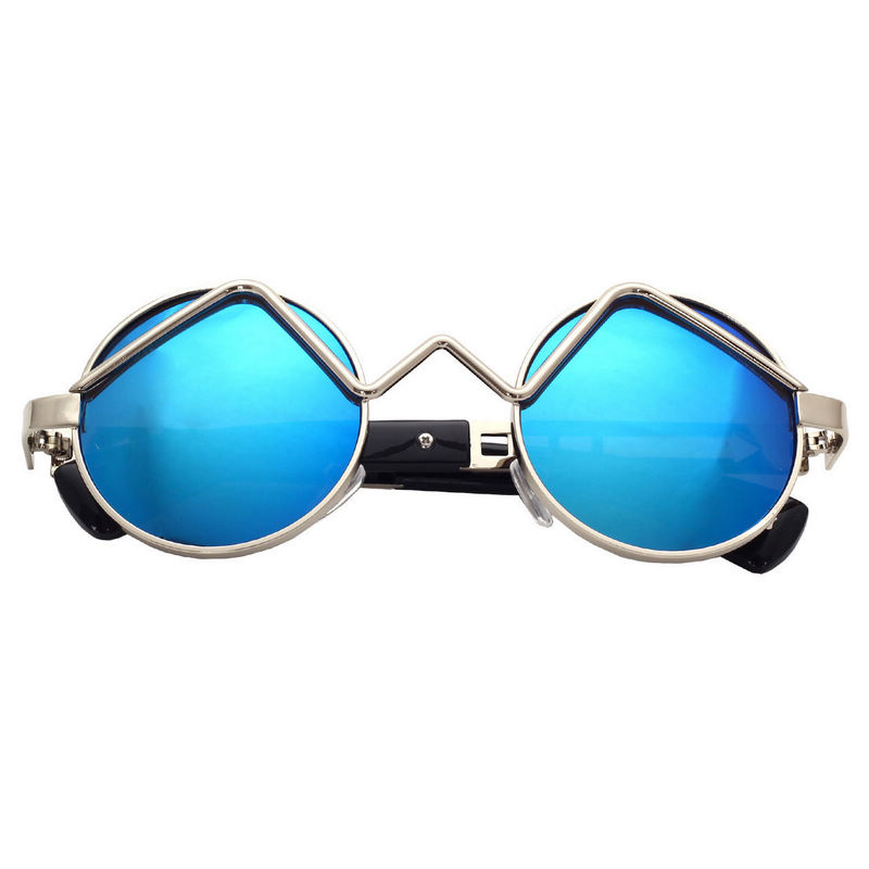 Curved-Bridge Steampunk Round Sunglasses Silver Metal Frame Mirror Blue Lens