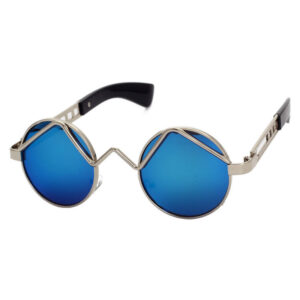 Curved-Bridge Steampunk Round Sunglasses Silver-Tone Metal Frame