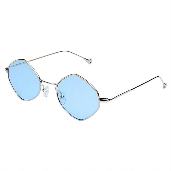 Diamond Phombus Geometric Sunglasses Silver-Tone Metallic Frame Tinted Blue Lens