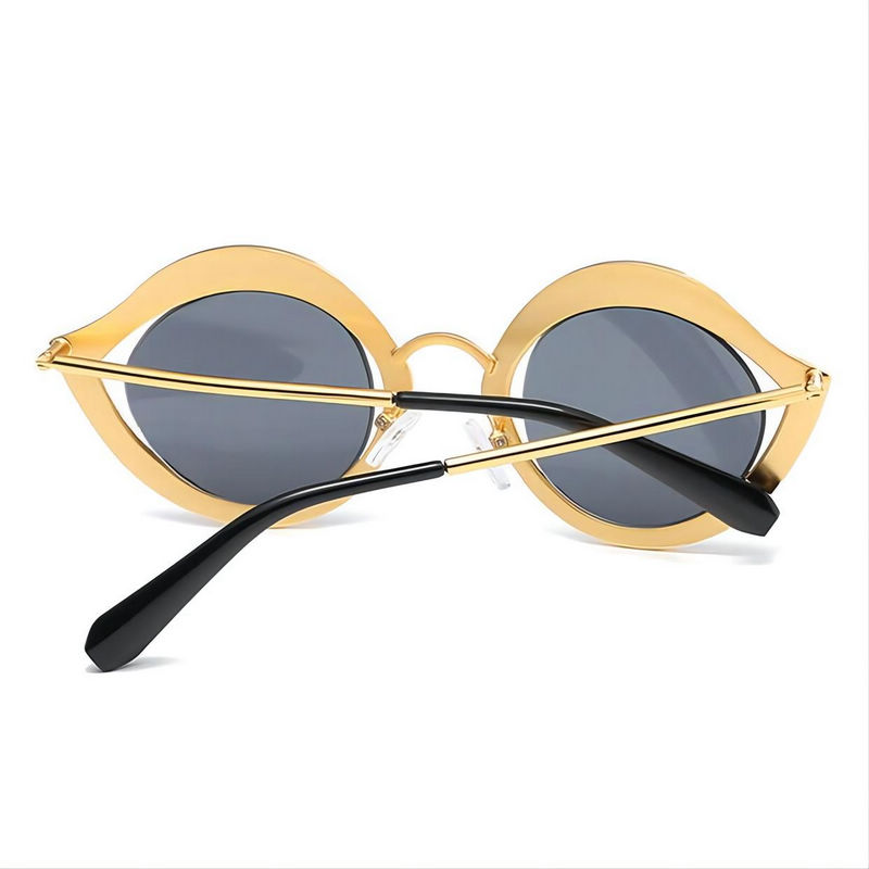Diamond-Studded Lip-Shaped Cat-Eye Sunglasses Gold-Tone Metal Frame