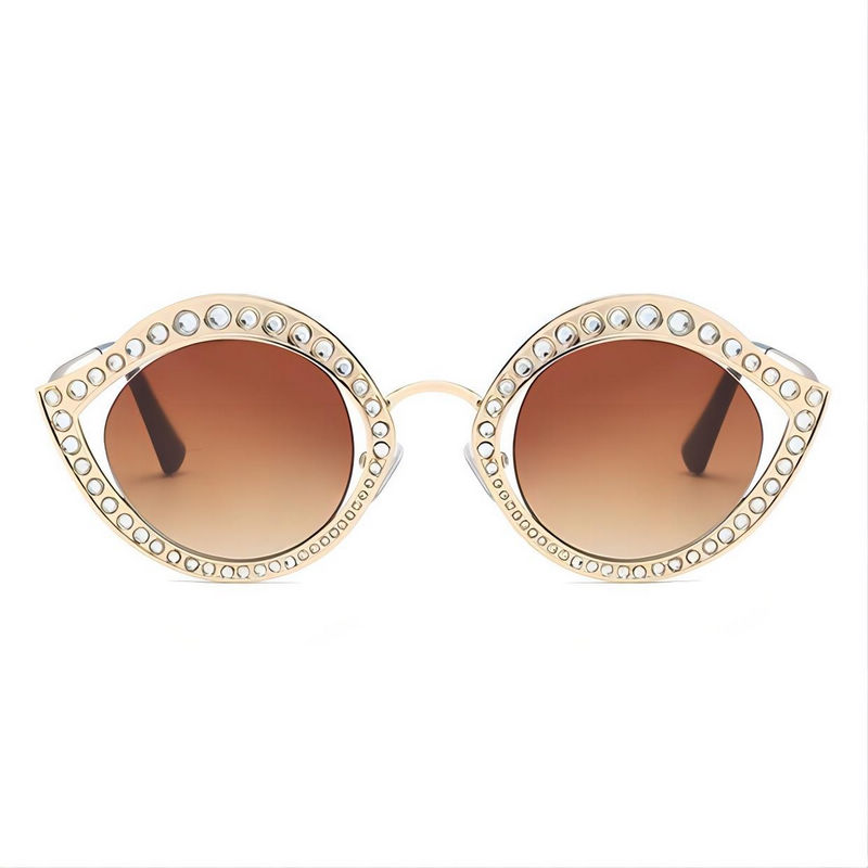 Diamond-Studded Lip-Shaped Cat-Eye Sunglasses Metal Frame Rose Gold/Gradient Brown