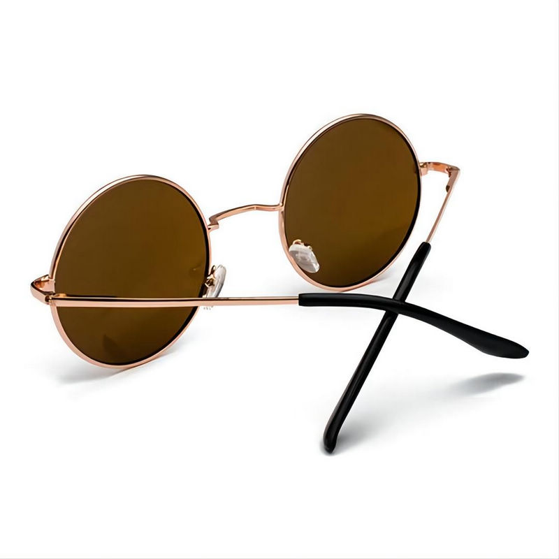 Gold-Tone Round-Wire Metal Sunglasses Large Frame Brown Lens