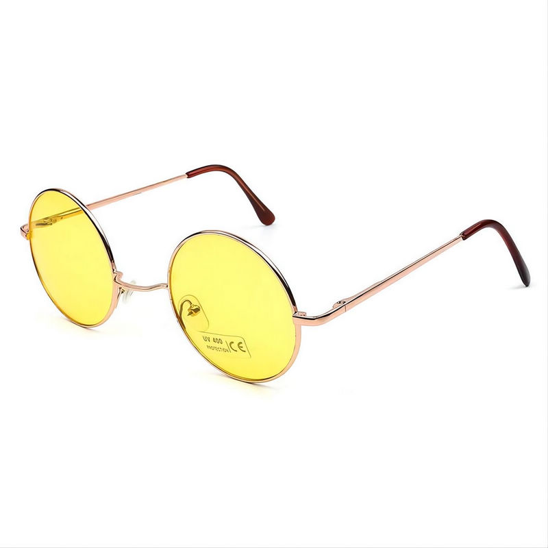 Gold-Tone Round-Wire Metal Sunglasses Oversized Frame Transparent Yellow Lens