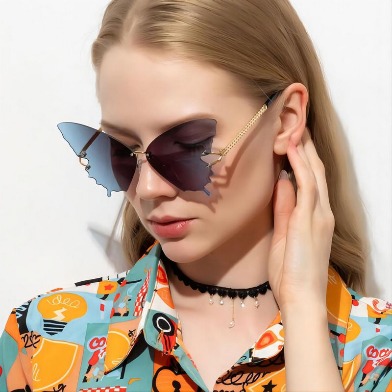 Gradient Blue Oversized Butterfly Sunglasses Gold-Tone Temples Model Show
