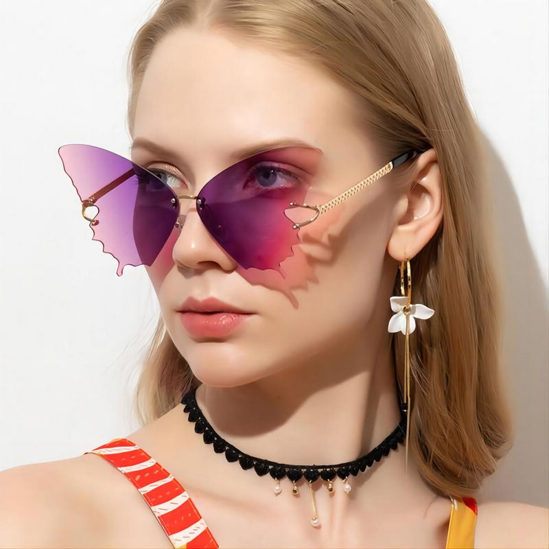 Gradient Purple Oversized Butterfly Sunglasses Gold-Tone Temples Model Show