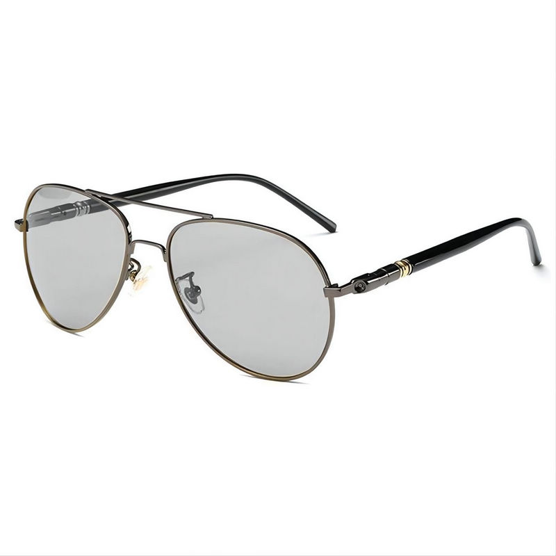 Gun Grey Metal Pilot-Style Polarized Photochromic Sunglasses For Men