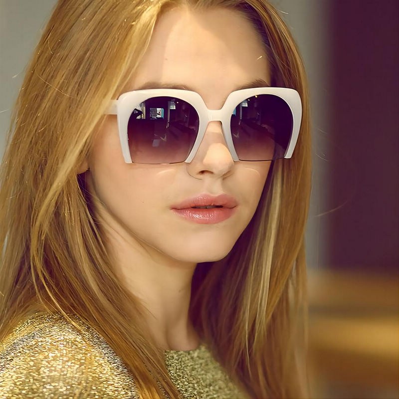 Half-Rim Cutaway Square Sunglasses Gradient Lens For Women Model Show