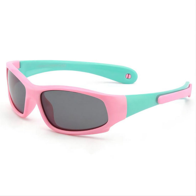 Kids Polarized Sports Sunglasses Pink Cyan Silicone Frame Grey Lens