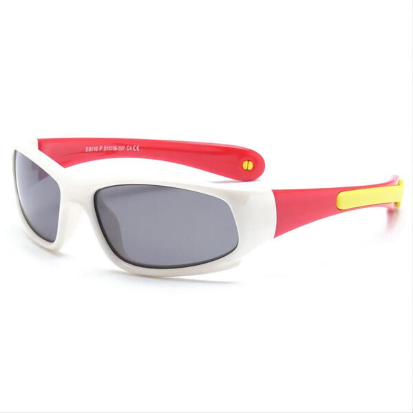 Kids Polarized Sports Sunglasses White Red Silicone Frame Grey Lens