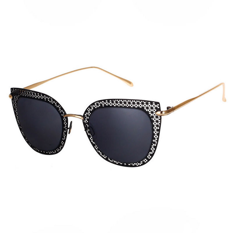 Lace Metal Cat-Eye Sunglasses Black Big Frame Grey Lens