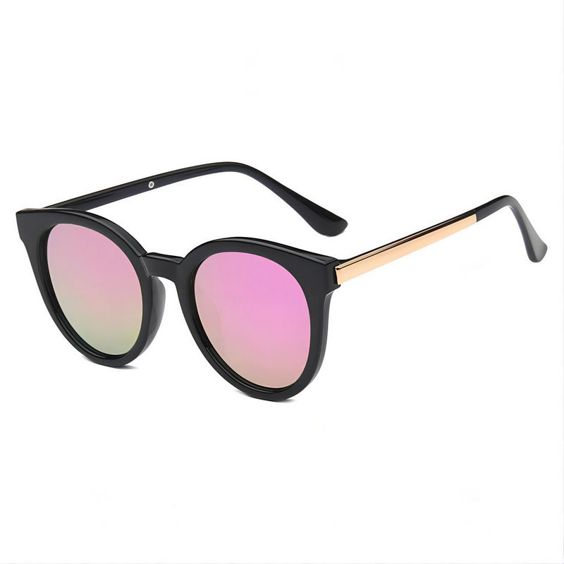 Ladies Keyhole-Bridge Round Fashion Sunglasses Black Frame/Mirror Pink Lens