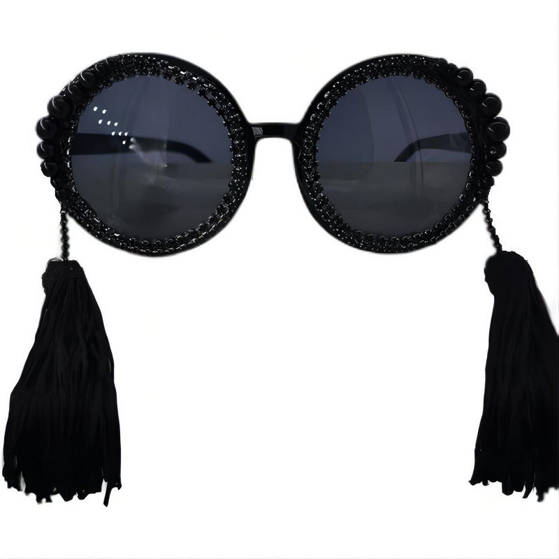Large Retro Baroque Round Pearl Tassel Sunglasses Black/Grey