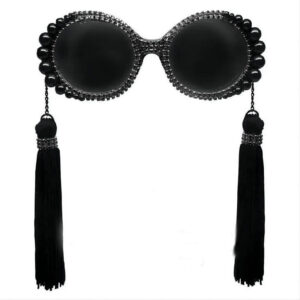 Large Vintage Baroque Round Pearl Tassel Sunglasses Black