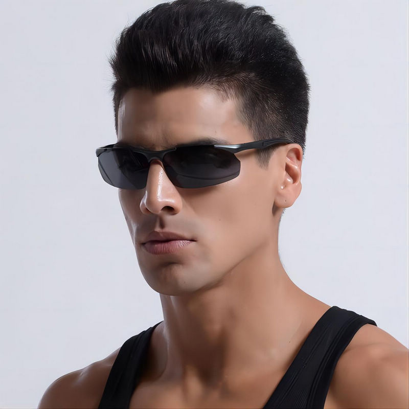 Mens Polarized Rectangle Rimless Sunglasses Gray Lens Model Show