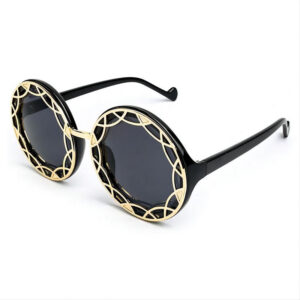 Metal-Hollowed Retro Round Sunglasses Black Acetate & Gold-Tone Frame