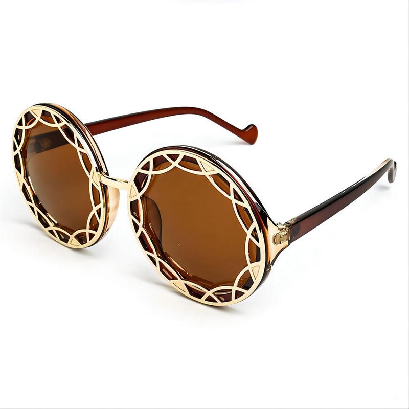 Metal-Hollowed Retro Round Sunglasses Brown Acetate & Gold-Tone Frame