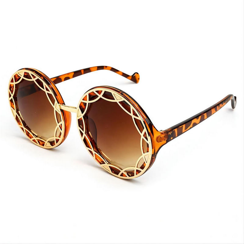 Metal-Hollowed Retro Round Sunglasses Tortoise Brown Acetate & Gold-Tone Frame