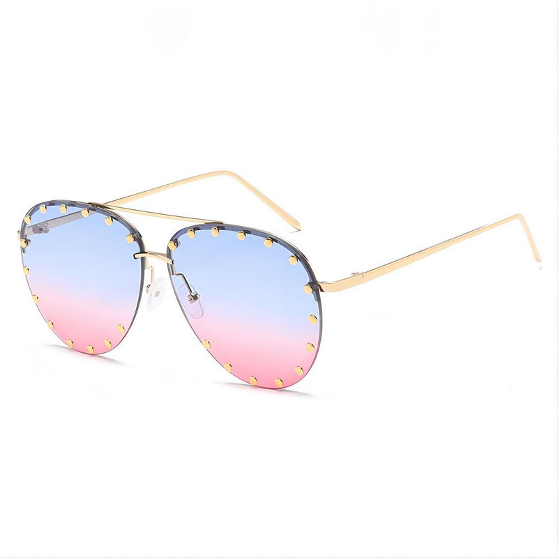 Metallic Rivet-Detailing Rimless Pilot Sunglasses Gold-Tone/Blue Pink