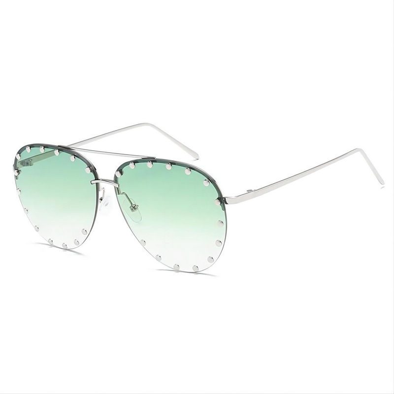 Metallic Rivet-Detailing Rimless Pilot Sunglasses Silver-Tone/Gradient Green