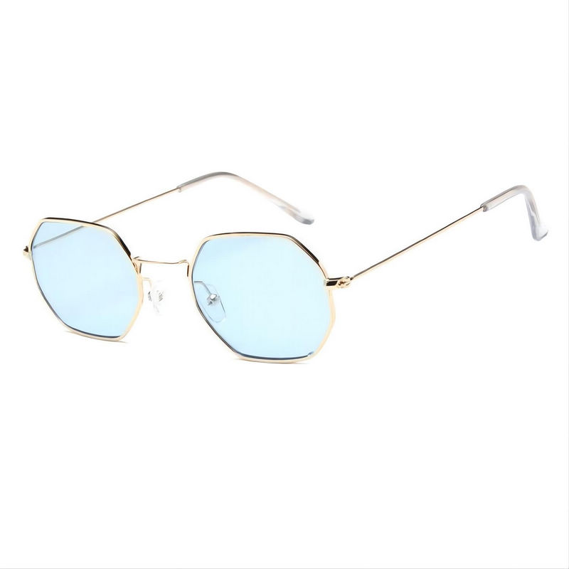 Octagon-Shape Metal-Framed Classic Sunglasses Gold Frame Blue Lens