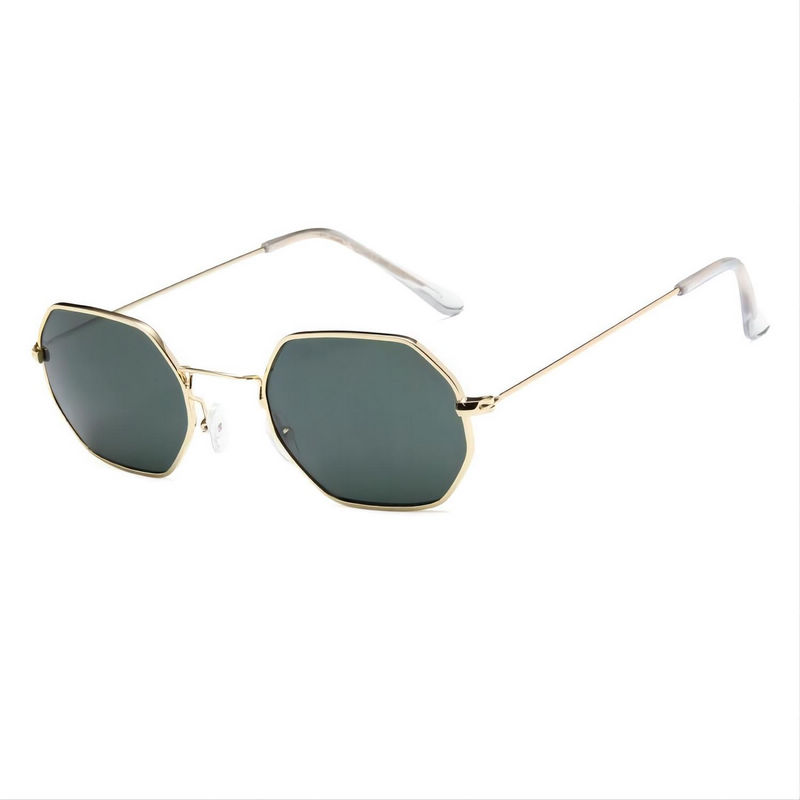 Octagon-Shape Metal-Framed Classic Sunglasses Gold Frame Green Lens