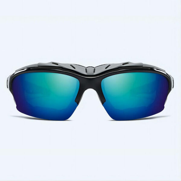 Padded Half-Frame Cycling Sunglasses Wrap Frame Polarized Lens Black/Mirror Green