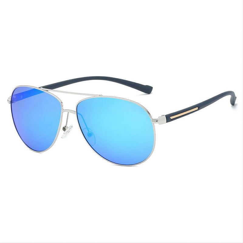 Polarized Lens Pilot-Style Sunglasses Silver Metal Frame TR90 Arms Mirror Blue Lens