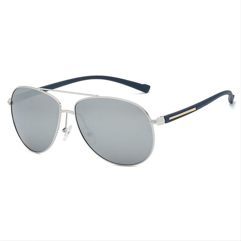 Polarized Lens Pilot-Style Sunglasses Silver Metal Frame TR90 Arms Mirror White Lens