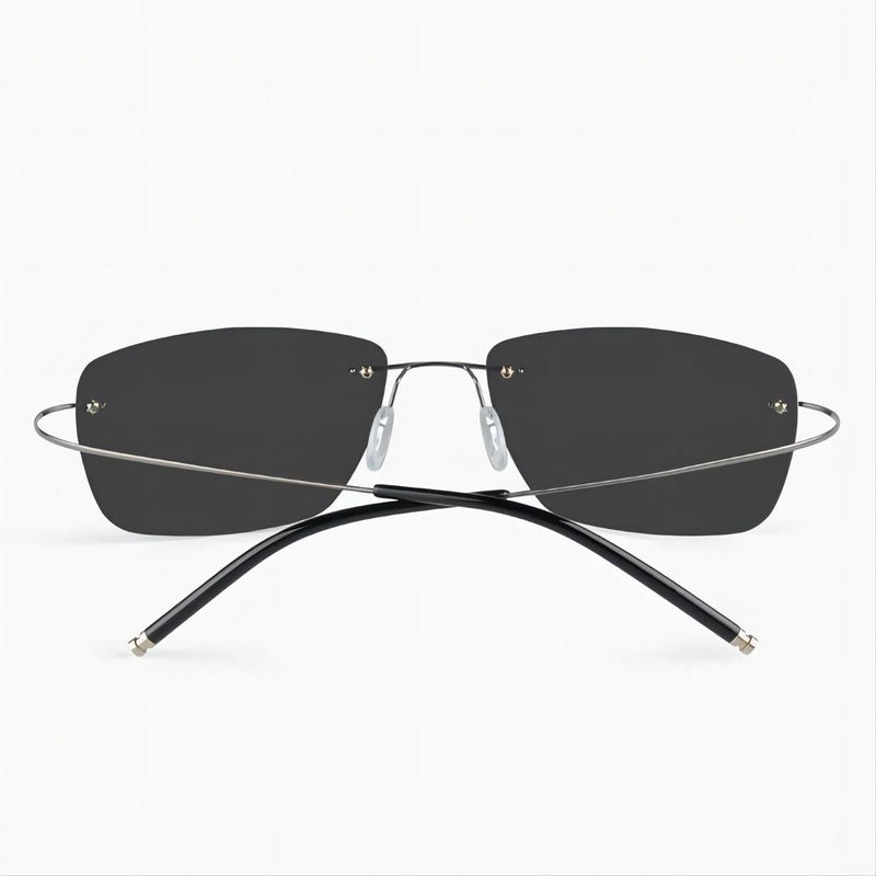 Polarized Rectangle Frameless Hingeless Sunglasses Silver Arms Mirror Blue Lens