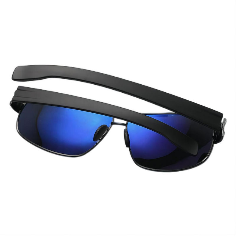 Polarized Square Pilot Driving Sunglasses Black Metal Frame Coated Blue Lens