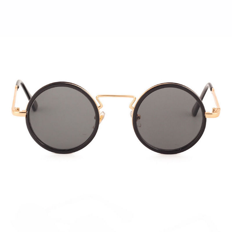 Punk Retro Round Metal-Frame Sunglasses Black Gold Frame Grey Lens