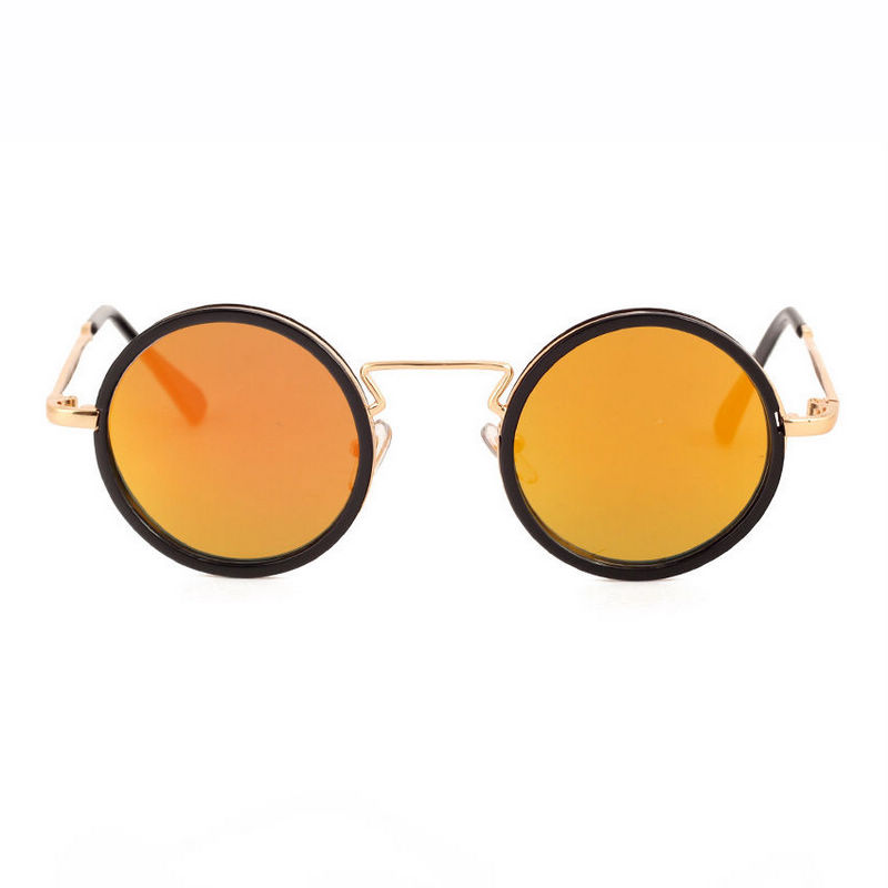Punk Retro Round Metal-Frame Sunglasses Black Gold/Mirror Orange