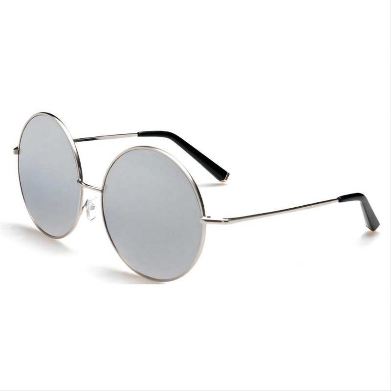 Retro Metal Circle-Frame Oversized Sunglasses Mirrored White