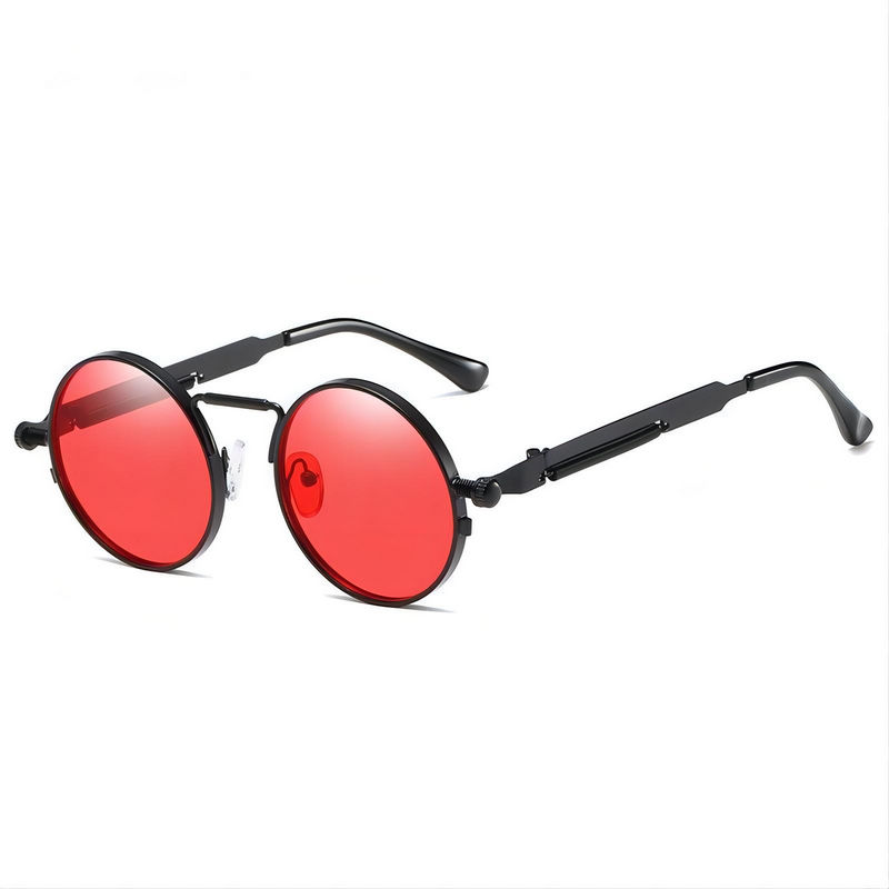 Retro Steampunk Round Sunglasses Black Spring Metal Temples Red Lens