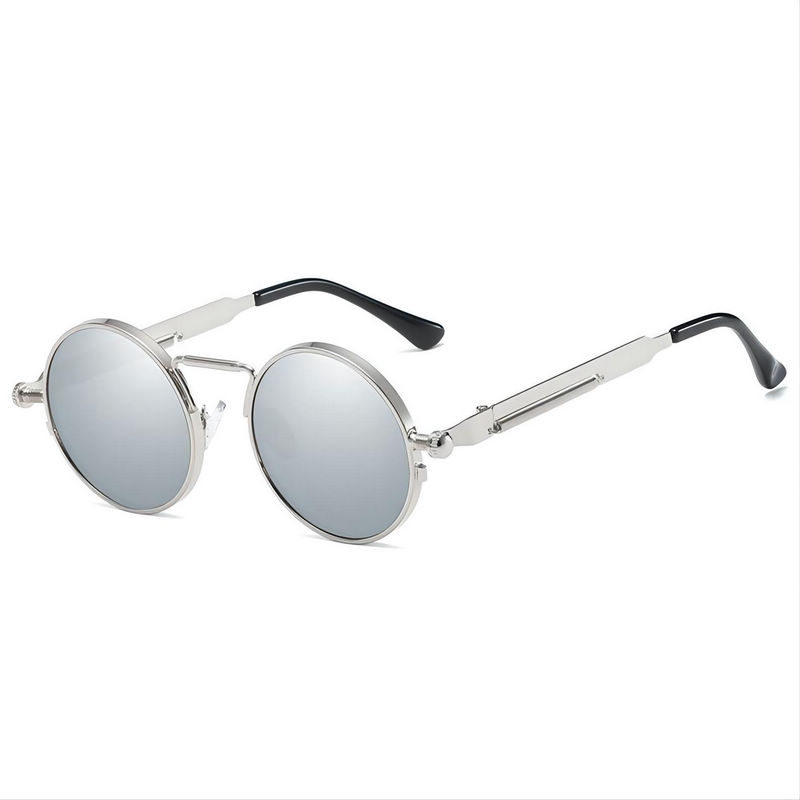 Retro Steampunk Round Sunglasses Silver Spring Metal Temples Mirror White Lens