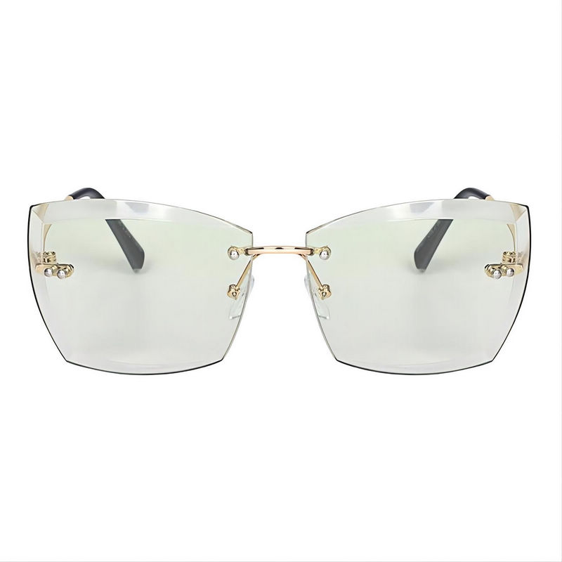 Rimless Trimming Oversized Square Sunglasses Gold-Tone Temples Transparent Green Lens