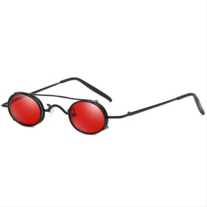 Steampunk Clip-On Round Sunglasses Small Metal Frame Black/Red