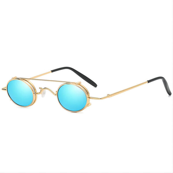 Steampunk Clip-On Round Sunglasses Small Metal Frame Gold/Mirror Blue
