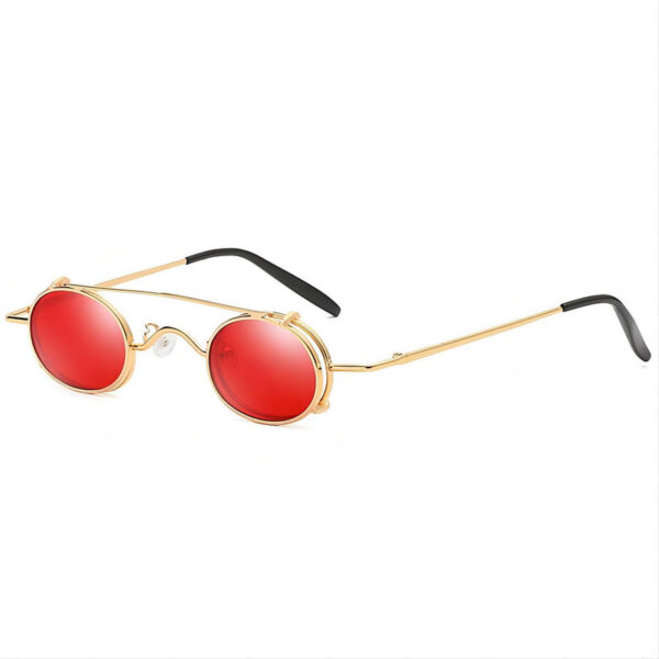 Steampunk Clip-On Round Sunglasses Small Metal Frame Gold-Tone/Red