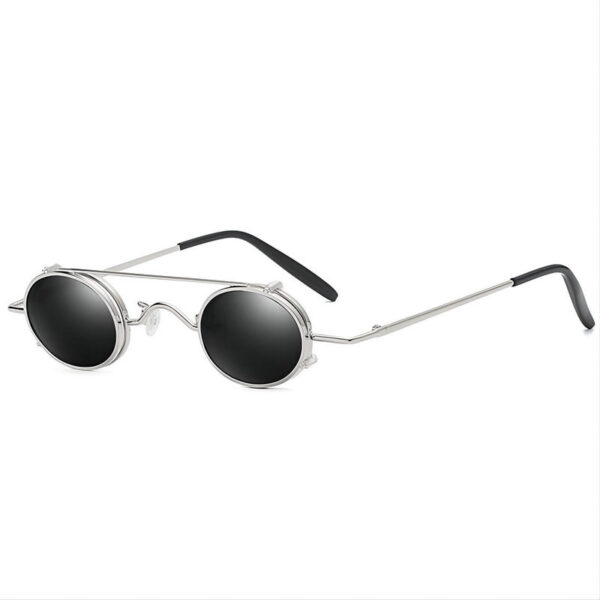 Steampunk Clip-On Round Sunglasses Small Metal Frame Silver/Grey