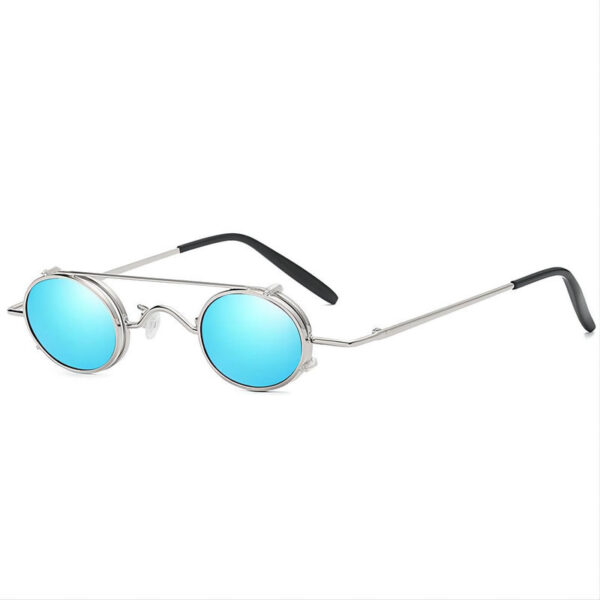 Steampunk Clip-On Round Sunglasses Small Metal Frame Silver-Tone/Mirror Blue