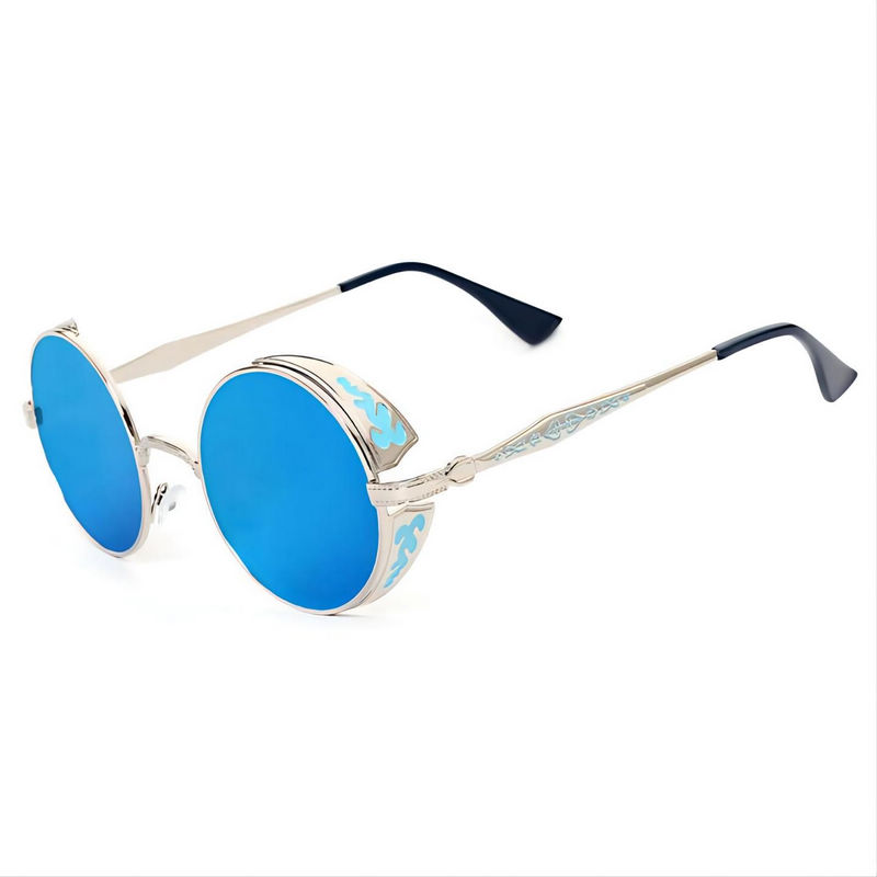 Steampunk Engraved Round Sunglasses Silver Metal Side Shield Frame Mirror Blue Lens