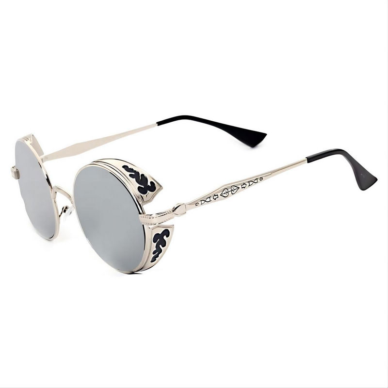 Steampunk Engraved Round Sunglasses Silver-Tone Metal Side Shield Frame Mirror White Lens