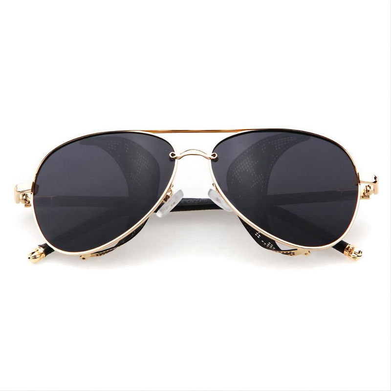 Steampunk Side-Shield Pilot Sunglasses Gold Metallic Frame Grey Lens
