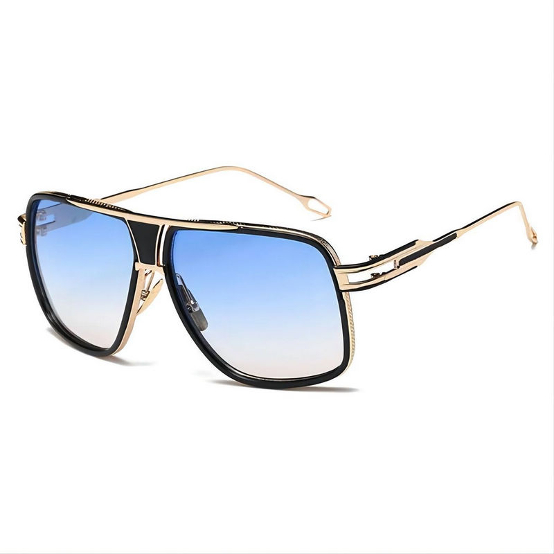 Vintage Flat-Top Square Pilot Sunglasses Gold-Tone Frame Gradient Blue Lens