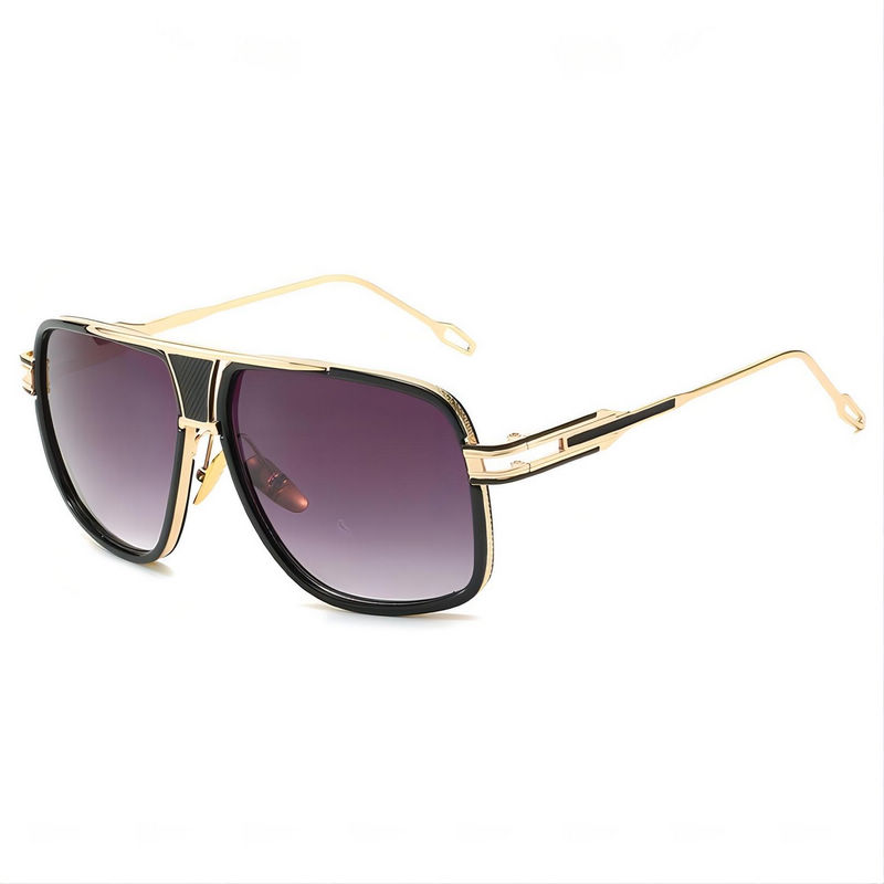 Vintage Flat-Top Square Pilot Sunglasses Gold-Tone Frame Gradient Grey Lens